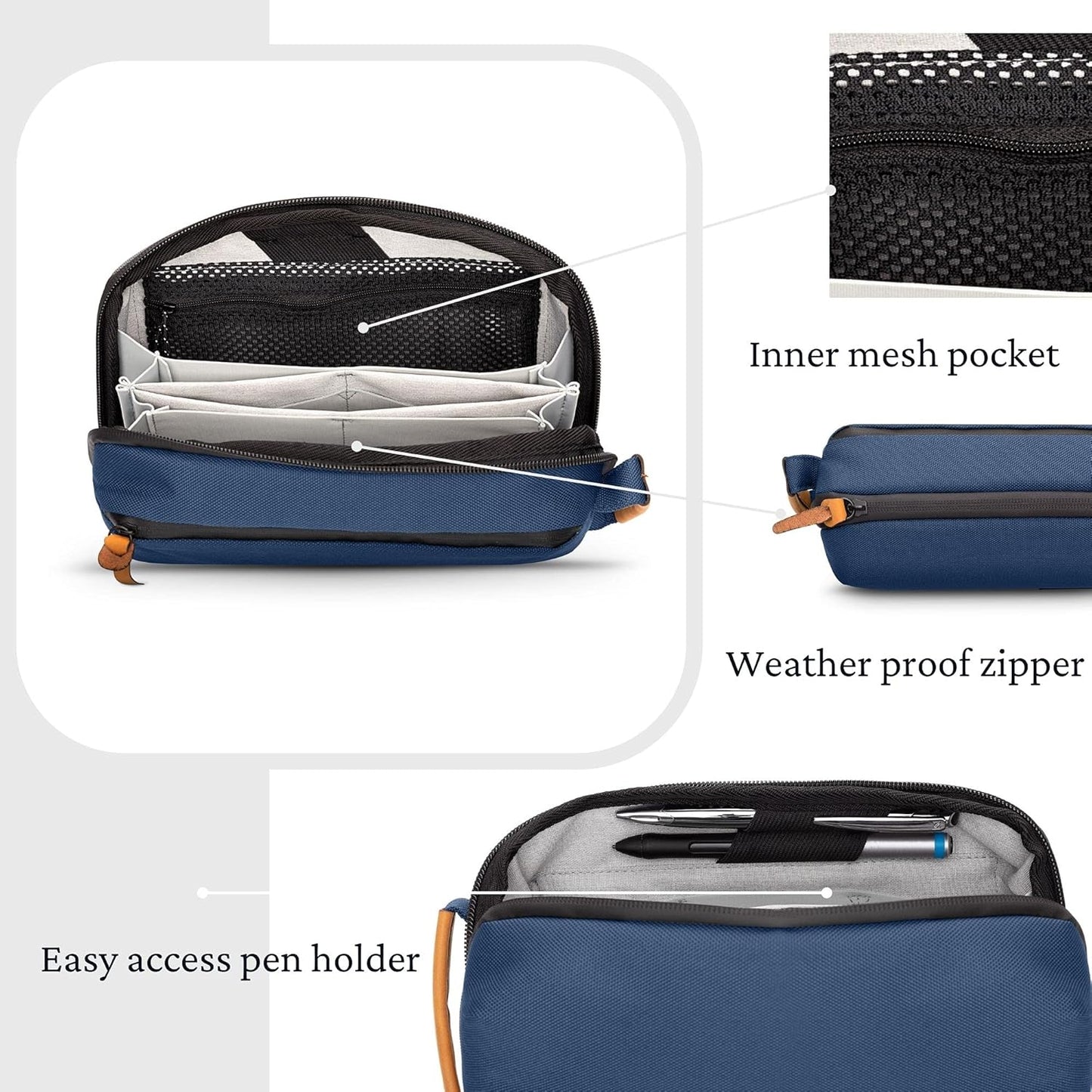 Tech Bag Organizer - Small Electronics Organizer Pouch for Travel - Premium Travel Case with Leather Accents - Mesh Pocket for Cables, Cords and Chargers (Navy)