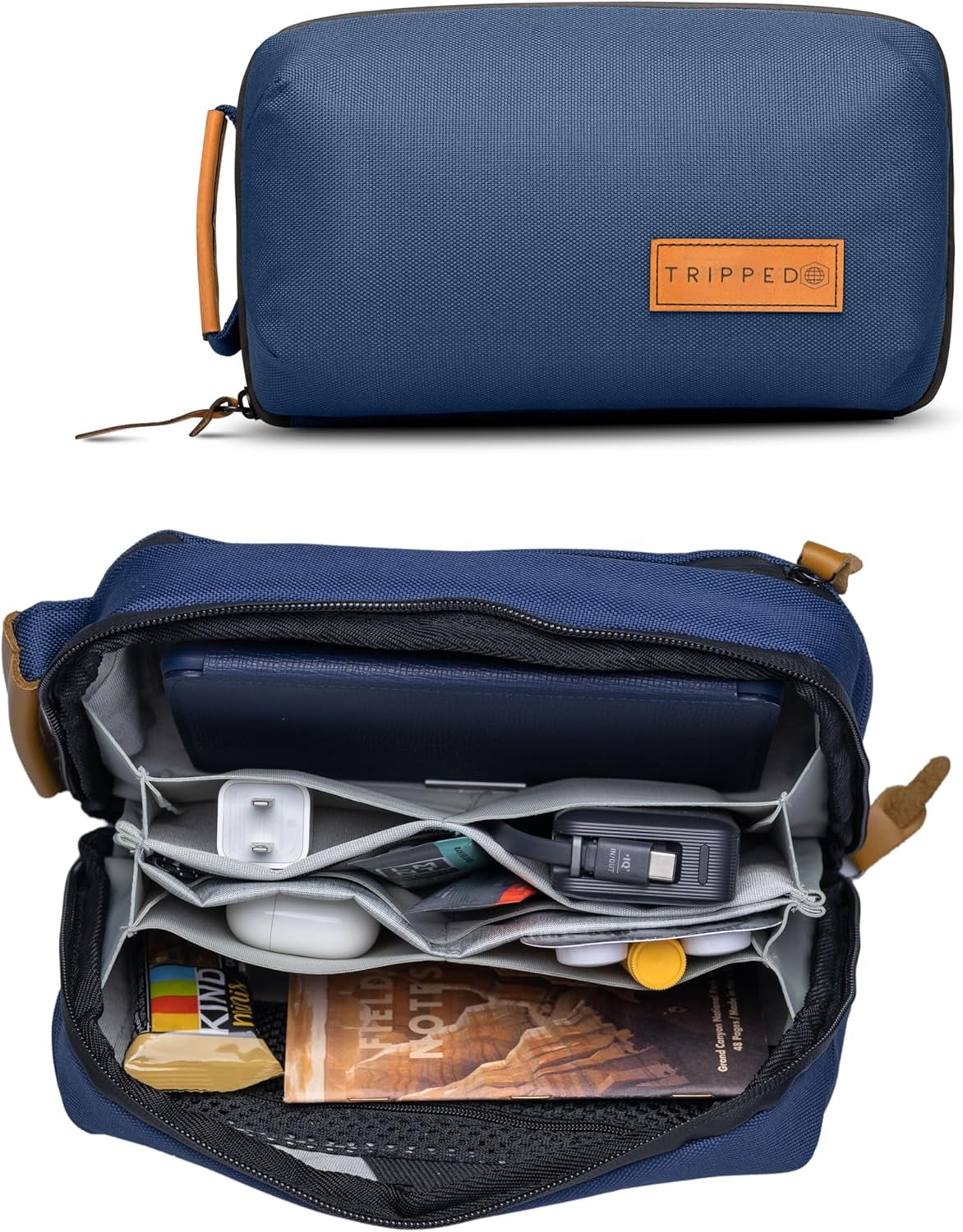 Tech Bag Organizer - Small Electronics Organizer Pouch for Travel - Premium Travel Case with Leather Accents - Mesh Pocket for Cables, Cords and Chargers (Navy)