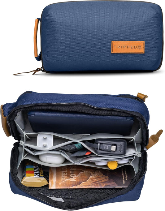 Tech Bag Organizer - Small Electronics Organizer Pouch for Travel - Premium Travel Case with Leather Accents - Mesh Pocket for Cables, Cords and Chargers (Navy)