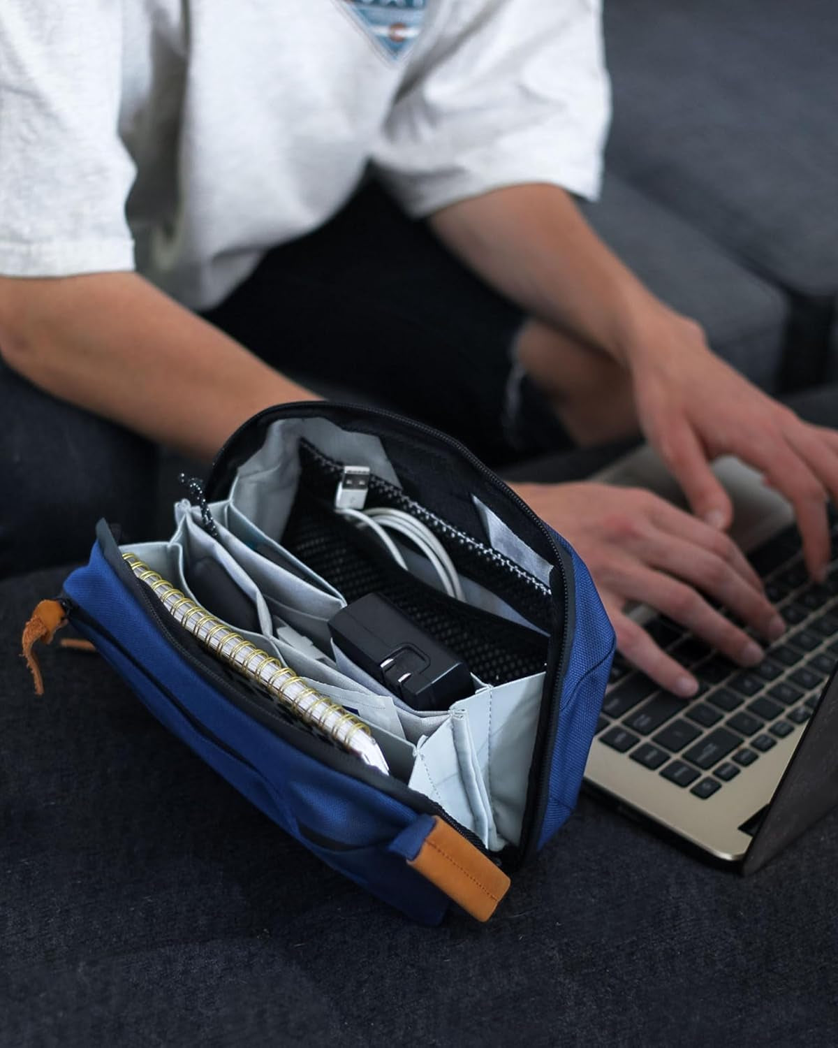 Tech Bag Organizer - Small Electronics Organizer Pouch for Travel - Premium Travel Case with Leather Accents - Mesh Pocket for Cables, Cords and Chargers (Navy)
