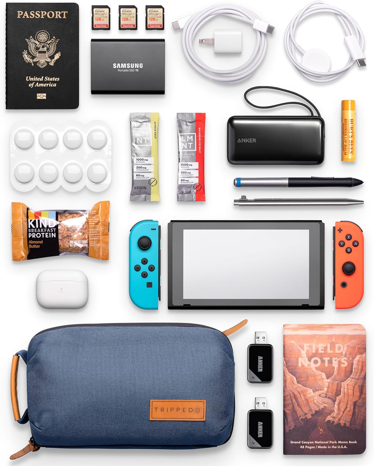 Tech Bag Organizer - Small Electronics Organizer Pouch for Travel - Premium Travel Case with Leather Accents - Mesh Pocket for Cables, Cords and Chargers (Navy)